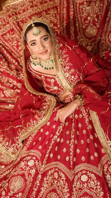 The bride seated with her red lehenga spread in a circle around her