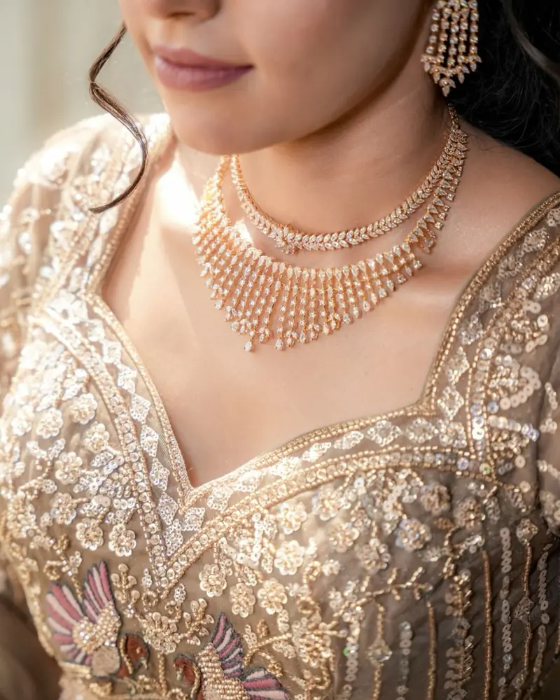 Close detail of a diamond necklace on an embroidered blouse