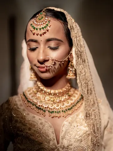 Close portrait of Mukta, eyes lowered, in a maang tikka and layered kundan necklace